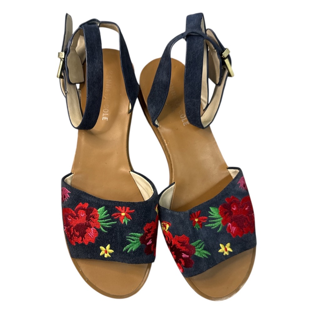 Kenneth Cole NY Embroidered Floral Sandal 8.5 M Navy Suede Boho Garden Party
